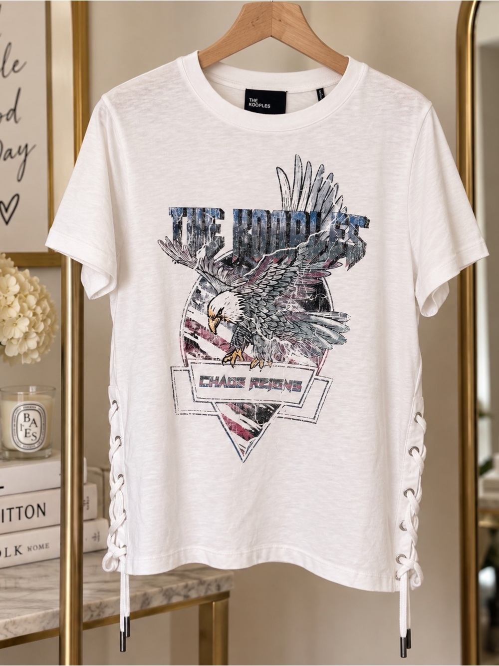 The Kooples White Eagle Graphic Lace-Up Side Tee